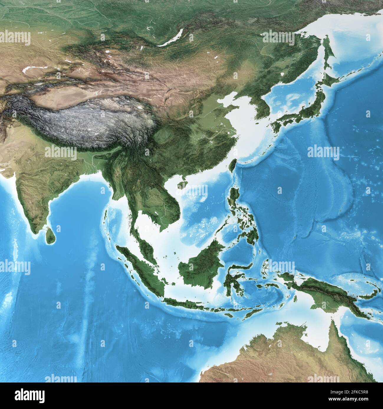 Carte physique de l'Asie du Sud-est, avec détails haute résolution. Vue satellite aplatie de la planète Terre - éléments fournis par la NASA Banque D'Images