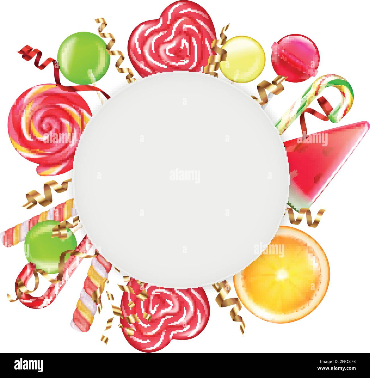 Bonbons agrumes roues spirale fleurs caramel Cannes sucettes cadre rond illustration vectorielle d'arrière-plan blanche à composition circulaire réaliste Illustration de Vecteur