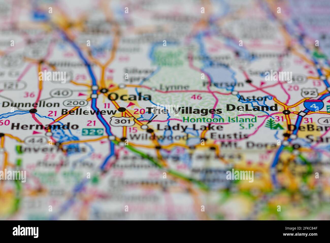 Les villages de Floride Etats-Unis indiqués sur une carte géographique ou carte routière Banque D'Images