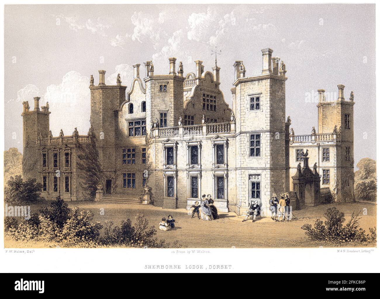 Un lithotint de Sherborne Lodge, Dorset UK scanné à haute résolution à partir d'un livre imprimé en 1858. L'artiste F W Hulme meurt en 1884. Banque D'Images