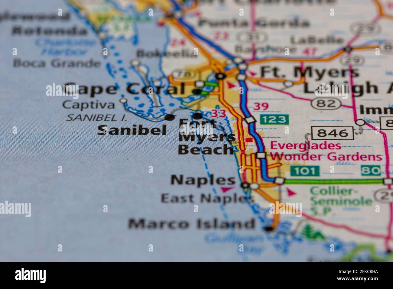 Fort Myers Beach Florida USA illustré sur une carte géographique ou carte routière Banque D'Images