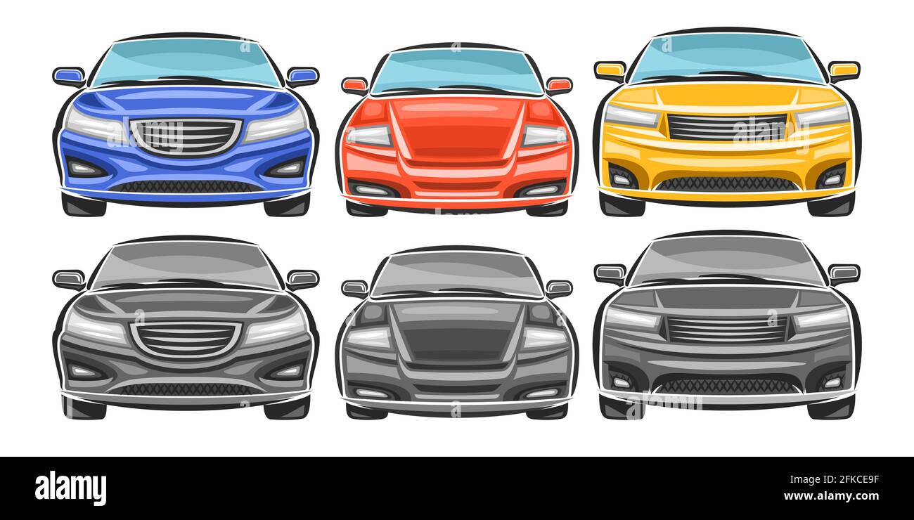 Ensemble vectoriel de voitures de dessin animé, lot collection d'illustrations découpées de voitures colorées et noires et blanches sur fond blanc. Illustration de Vecteur