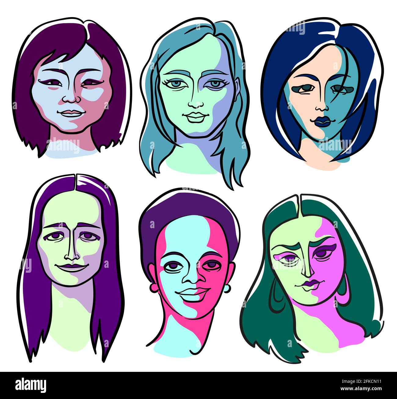 Six faces femelles de différents types d'apparence. Portraits couleur dans le style du Supromatisme. Illustration de Vecteur