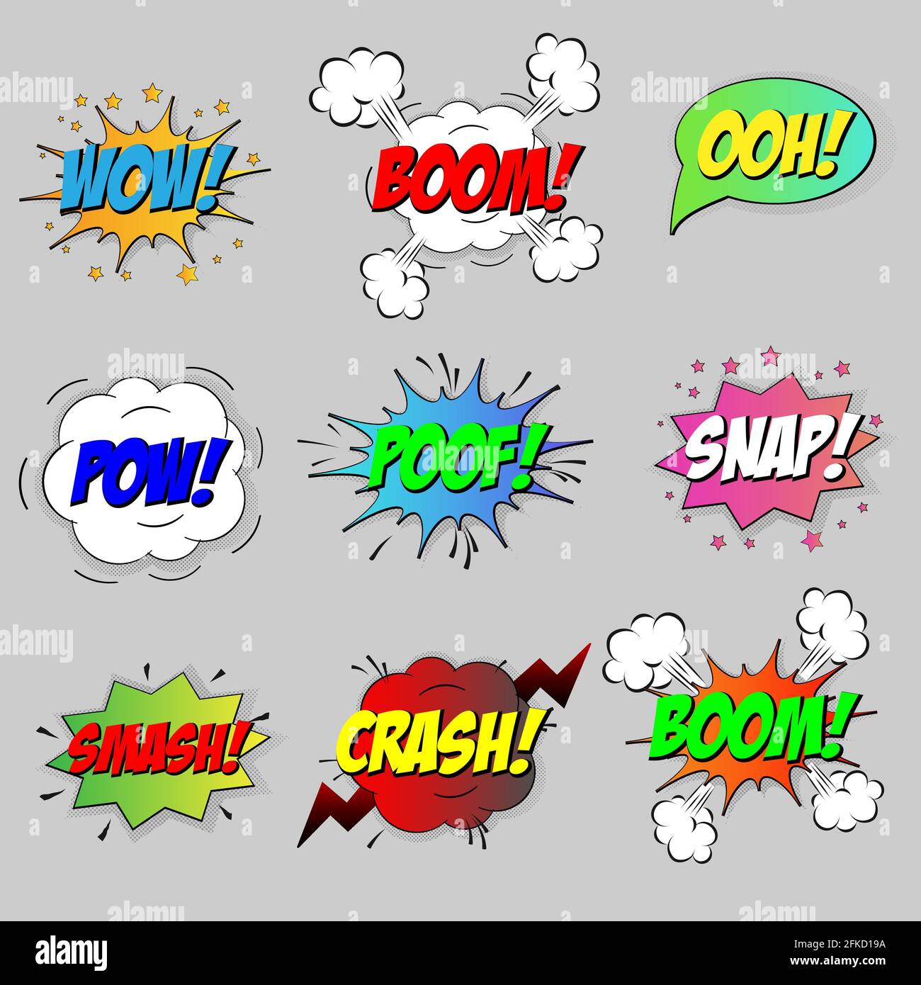 Des bulles d'effet de parole de bande dessinée sont isolées sur une illustration vectorielle d'arrière-plan blanche. Wow, pow, bang, crash, boom, ooh, smash, snap, poof lettrage. Illustration de Vecteur