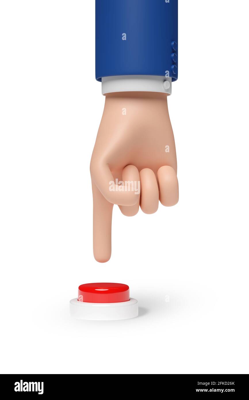 Main de dessin animé appuyant sur un bouton rouge isolé sur fond blanc. illustration 3d. Banque D'Images