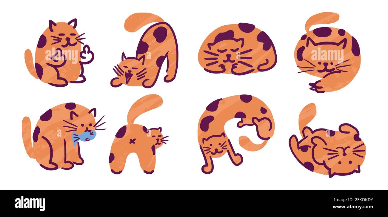 Ensemble de dessins animés de chat orange méchant avec différentes postures et expressions dynamiques. Illustration vectorielle numérique plate isolée sur fond blanc. Illustration de Vecteur