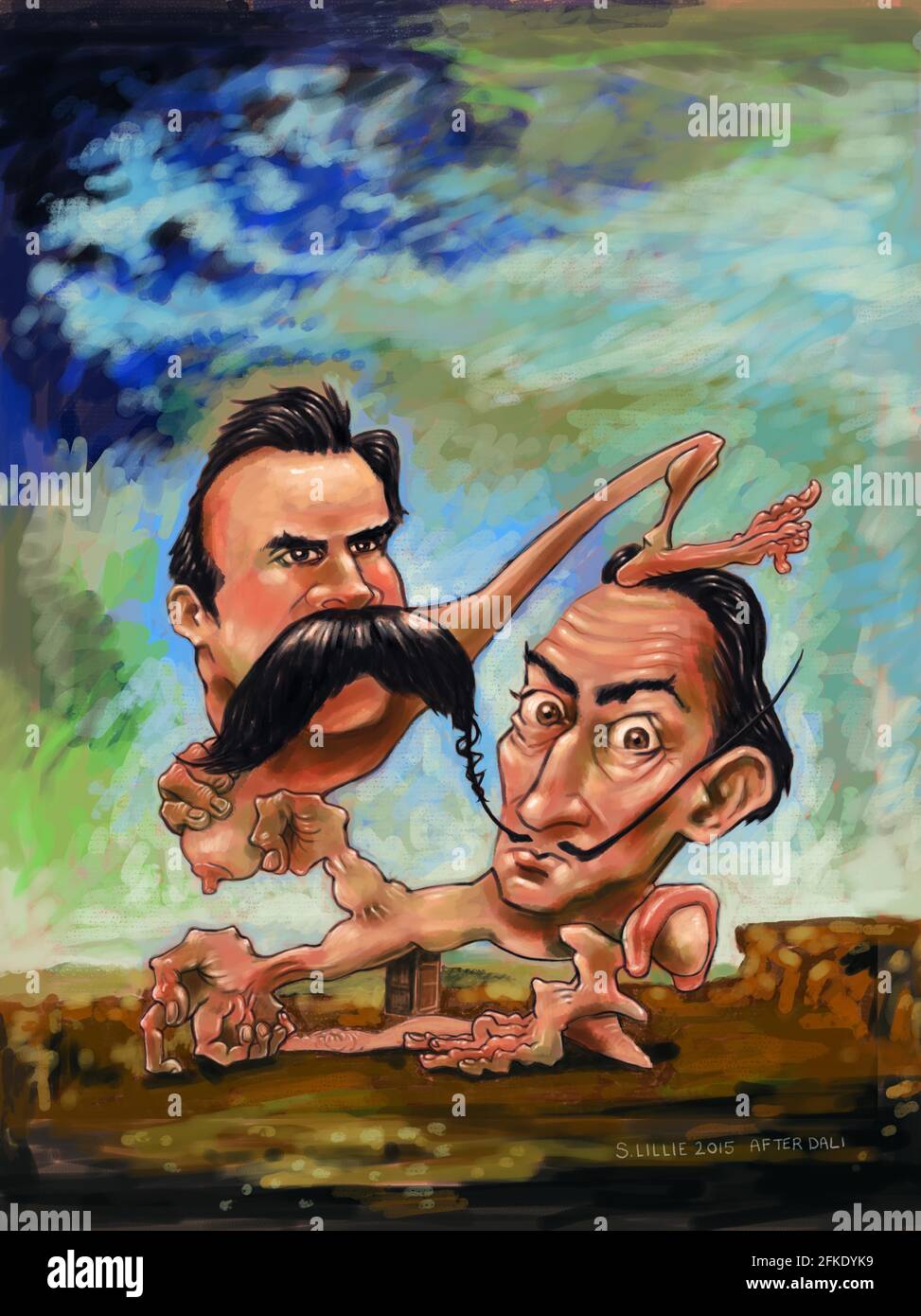 Caricature artistique, artiste surréaliste Salvador Dail et philosophe Frederick Nietzsche. La persistance de la mémoire de Dali a été inspirée par Nietzsche Banque D'Images