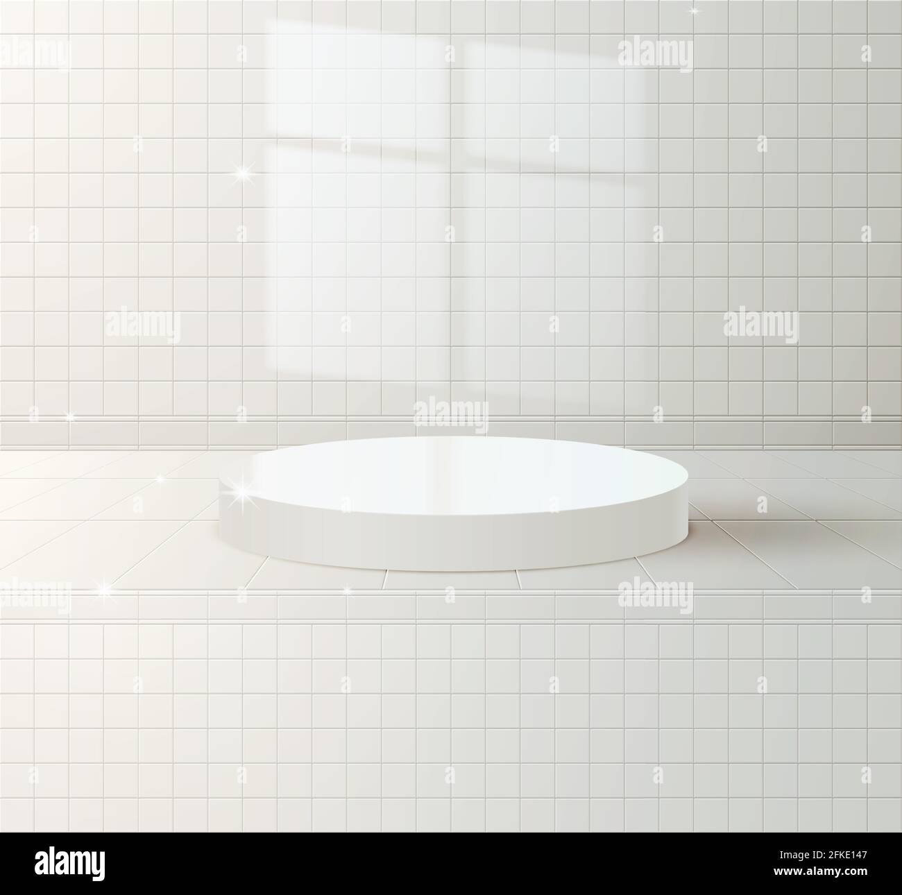 Podium blanc sur fond de mur avec carreaux de céramique. Un endroit pour présenter votre produit. Illustration vectorielle. Illustration de Vecteur