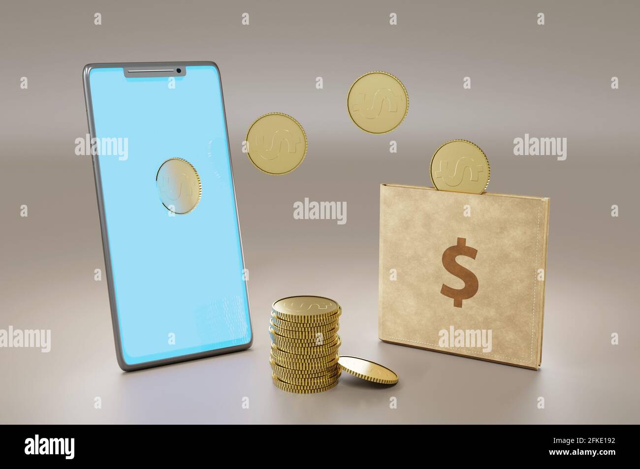 illustration 3d. Transfert d'argent en ligne, paiements mobiles . Concept avec smartphone et portefeuille , peut être utilisé pour la page d'arrivée, le modèle, l'interface utilisateur, le Web, l'application mobile Banque D'Images