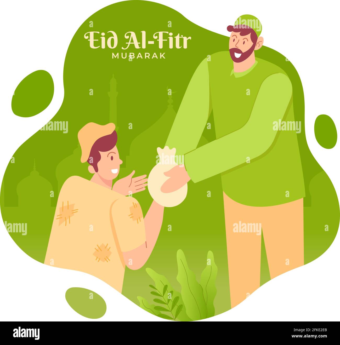 Bonne carte de vœux eid al Fitr. Illustration de la confession musulmane donne des almes ou paie le zakat avant que eid mubarak isolé sur fond blanc Illustration de Vecteur