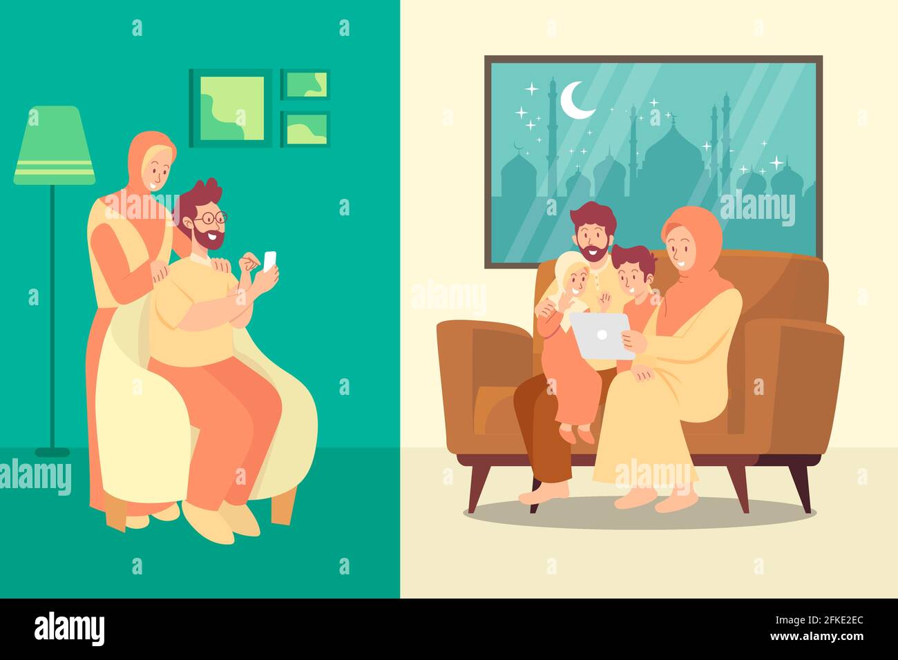 La famille musulmane bénédiction Eid mubarak par le biais des écrans de smartphone utilisant Appel vidéo pendant la pandémie Covid-19 Illustration de Vecteur