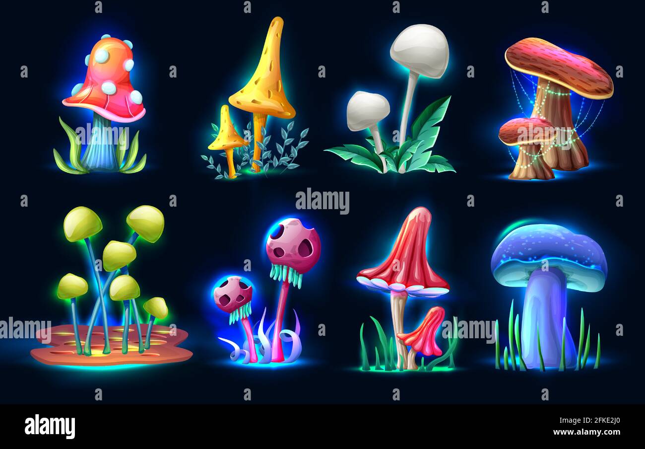 Collection de champignons de fantaisie magiques de style caricature vectorisés dans l'obscurité, isolés sur fond blanc. Pour le Web, les jeux vidéo, l'interface utilisateur, de Illustration de Vecteur