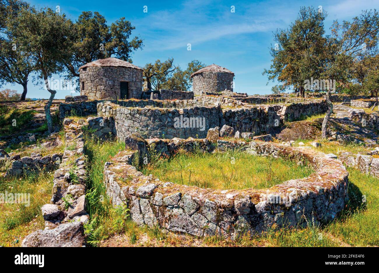 Citania de Briteiros, quartier de Braga, Portugal. Règlement de l'âge du fer. Fondation de maison en pierre en premier plan et deux logements reconstruits derrière. Banque D'Images