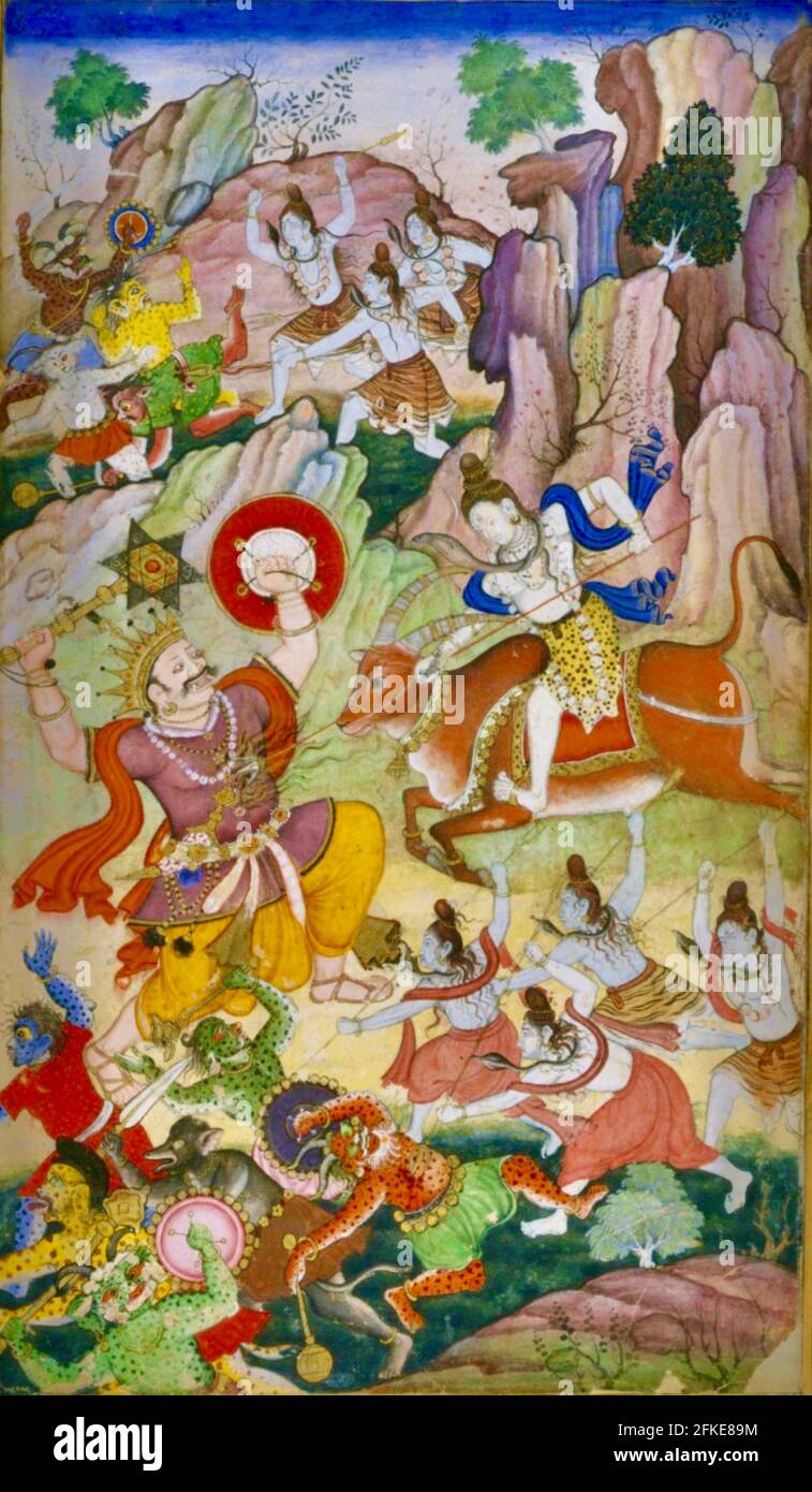Shiva Kills le démon Andhaka - d'un manuscrit perse - 1590 Banque D'Images