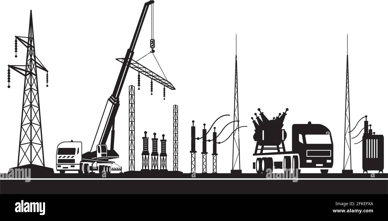 Construction de la sous-station du réseau électrique – illustration vectorielle Illustration de Vecteur