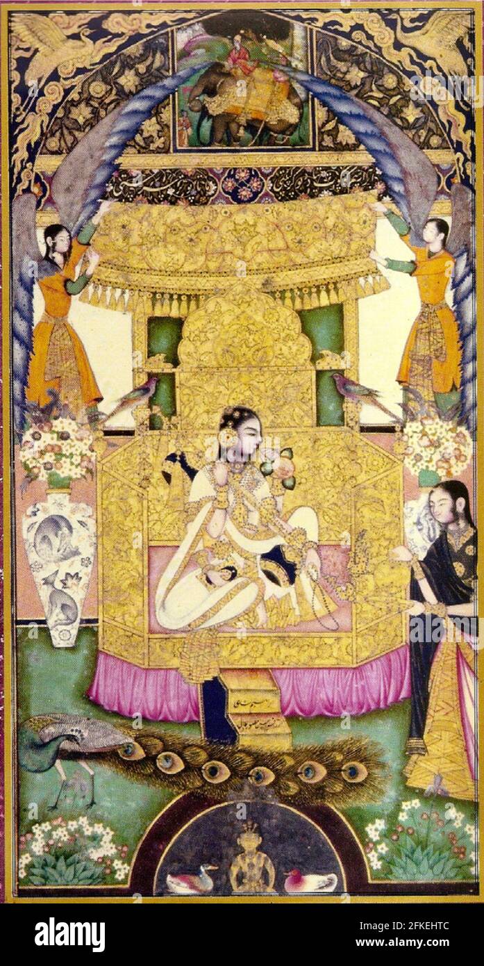 Farrukh Beg art intitulé Saraswati Enthroned. Banque D'Images