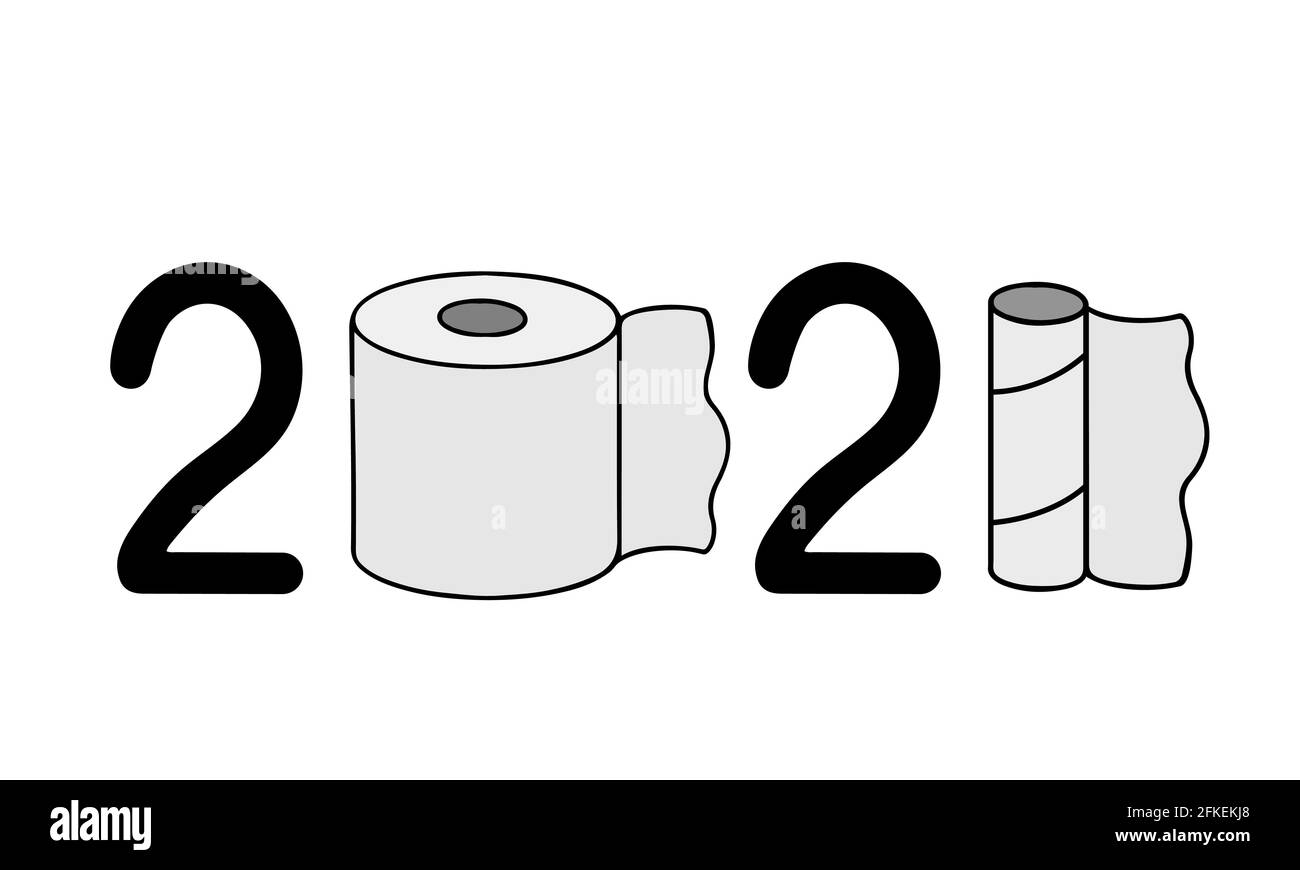 2021 numéros avec rouleau de papier hygiénique usagé. Pandémie de coronavirus covid-19. Affiche typographique drôle du nouvel an. Modèle vectoriel pour bannière, signe, message d'accueil Illustration de Vecteur