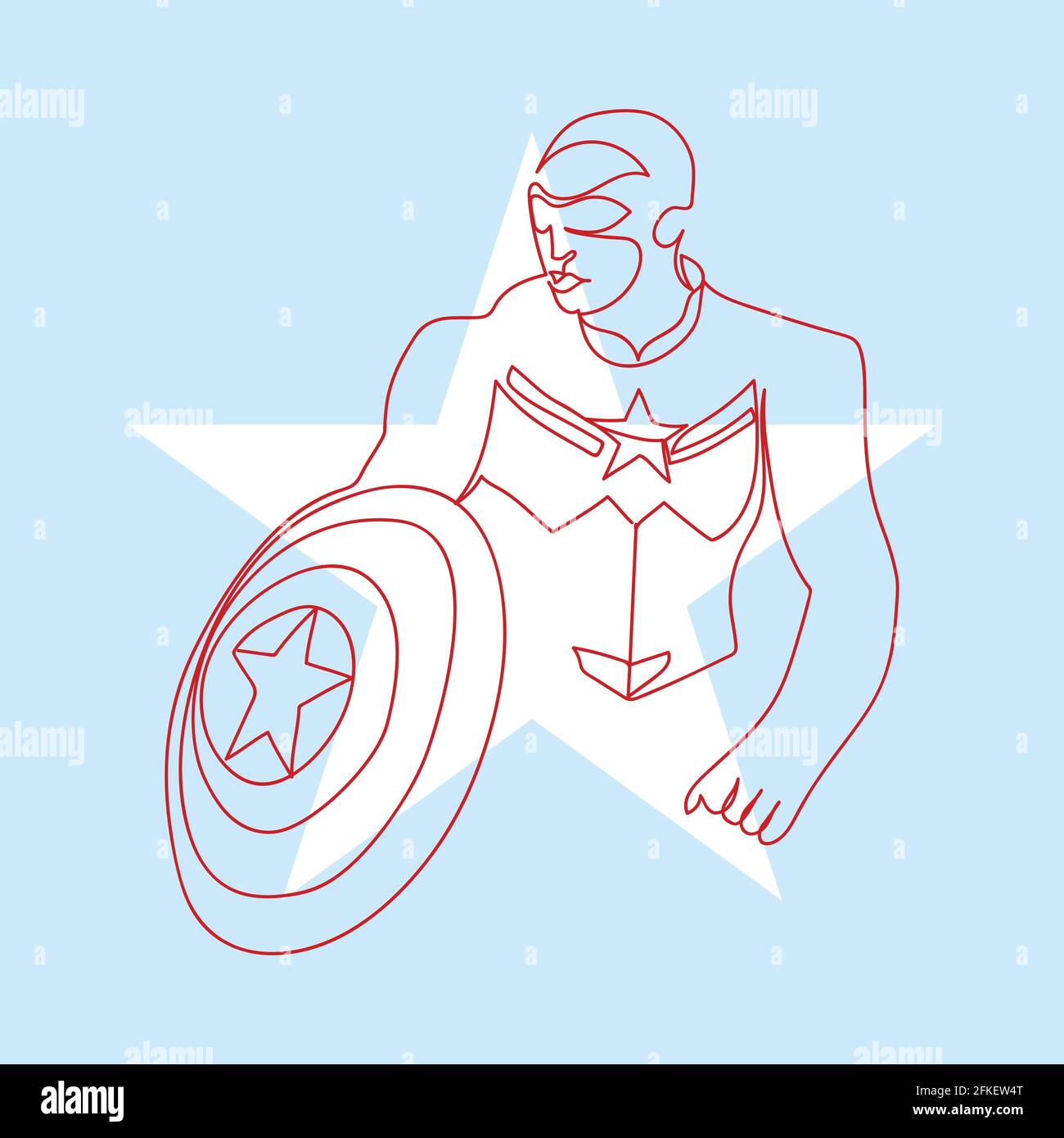 Figure dessin d'une ligne du super-héros qui brandit un bouclier. Illustration simple minimaliste dessinée à la main avec silhouette d'étoile et fond bleu clair. Illustration de Vecteur