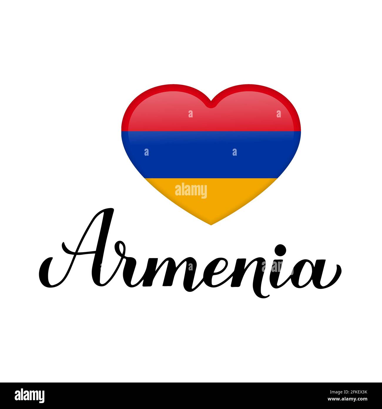 Arménie calligraphie lettrage à la main avec drapeau national arménien en forme de coeur isolé sur fond blanc. Modèle vectoriel pour affiche typographique, pos Illustration de Vecteur