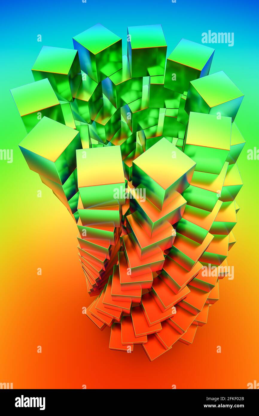 Arrière-plan abstrait. Une spirale de cubes empilés en forme de tour. Distorsion de perspective grand angle. Reflets de couleur arc-en-ciel. Banque D'Images