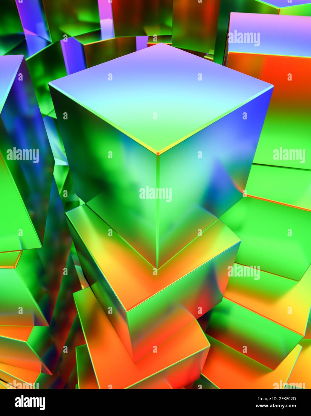 Arrière-plan abstrait. Une spirale de cubes empilés en forme de tour. Reflets de couleur arc-en-ciel. Banque D'Images