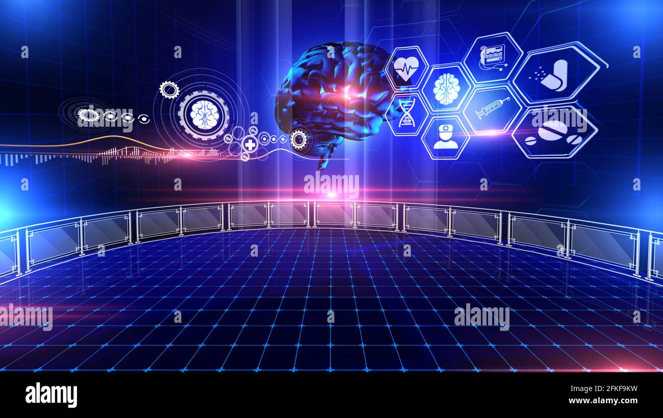 Brain Analysis réalité virtuelle RÉALITÉ VIRTUELLE graphique 3d de réalité virtuelle Modèle de cerveau humain rotatif avec icônes médicales sur l'environnement Banque D'Images