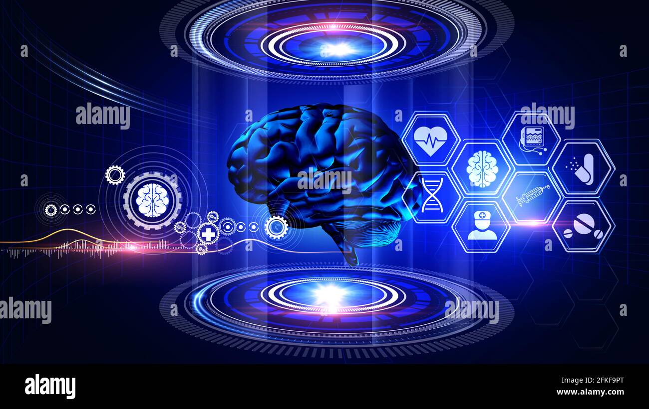 Human Brain Analysis réalité virtuelle RÉALITÉ VIRTUELLE 3d Graphics Montrant le modèle de cerveau humain en rotation avec des icônes médicales sur l'environnement Banque D'Images