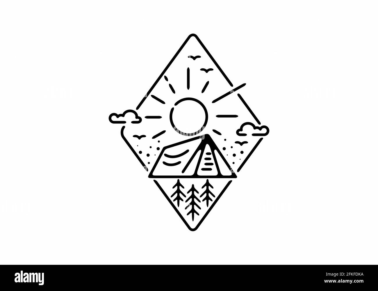 Illustration de l'emblème de camping en forme de diamant sur une ligne noire conception Illustration de Vecteur