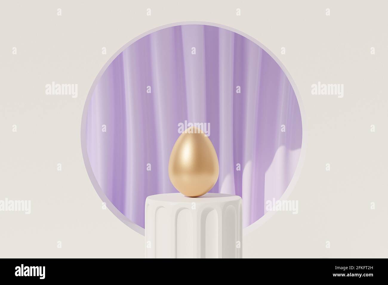 Oeuf de Pâques décoré d'or sur podium blanc près de rideaux pourpres avec plis, carte de vacances de printemps, rendu d'illustration 3d Banque D'Images