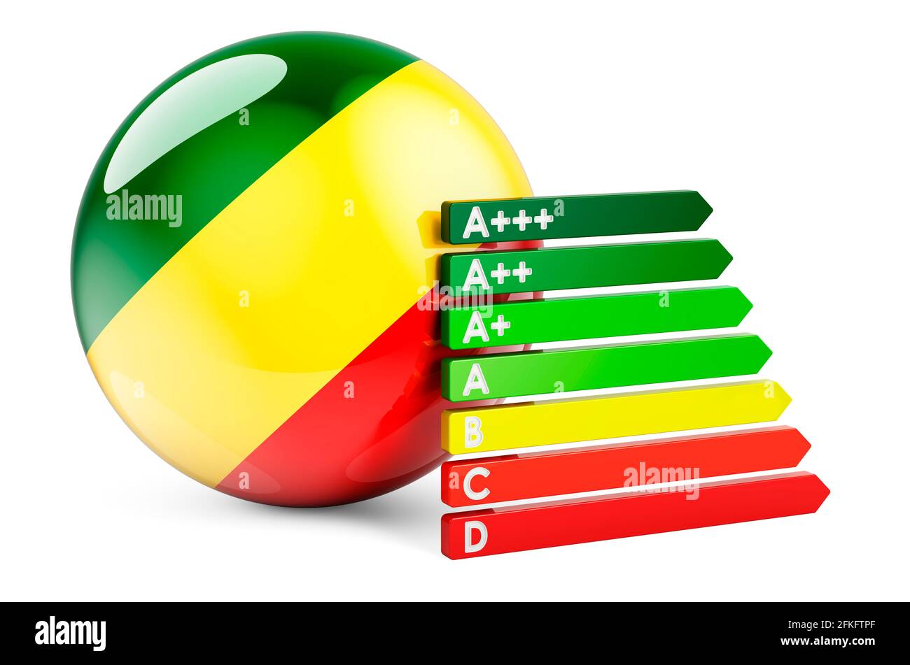 Drapeau congolais avec indice d'efficacité énergétique. Certificats de performance au Congo concept. Rendu 3D isolé sur fond blanc Banque D'Images