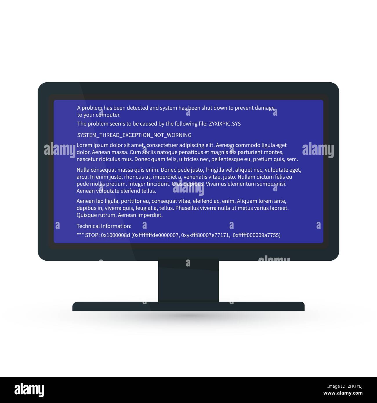 Moniteur de bureau avec écran bleu de la mort BSOD . Rapport de panne du système. Erreur fatale du logiciel ou du matériel. Illustration vectorielle de l'ordinateur cassée. Facile Illustration de Vecteur