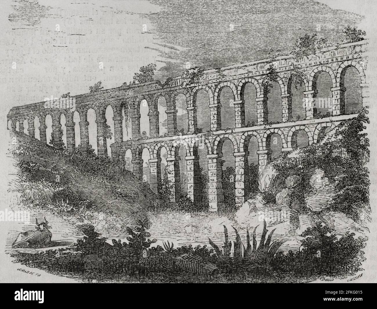 Espagne, Catalogne. Aqueduc de Tarragone, également connu sous le nom de Pont de Ferreres ou Pont del Diable. Il a été construit à l'époque de l'empereur Auguste (63 BC-14 AC) pour fournir de l'eau à la ville de Tarragone, à partir de la rivière Francolí voisine. Illustration par Urrabieta. Gravure par Cibera. Historia général de España Père Mariana. Madrid, 1852. Banque D'Images