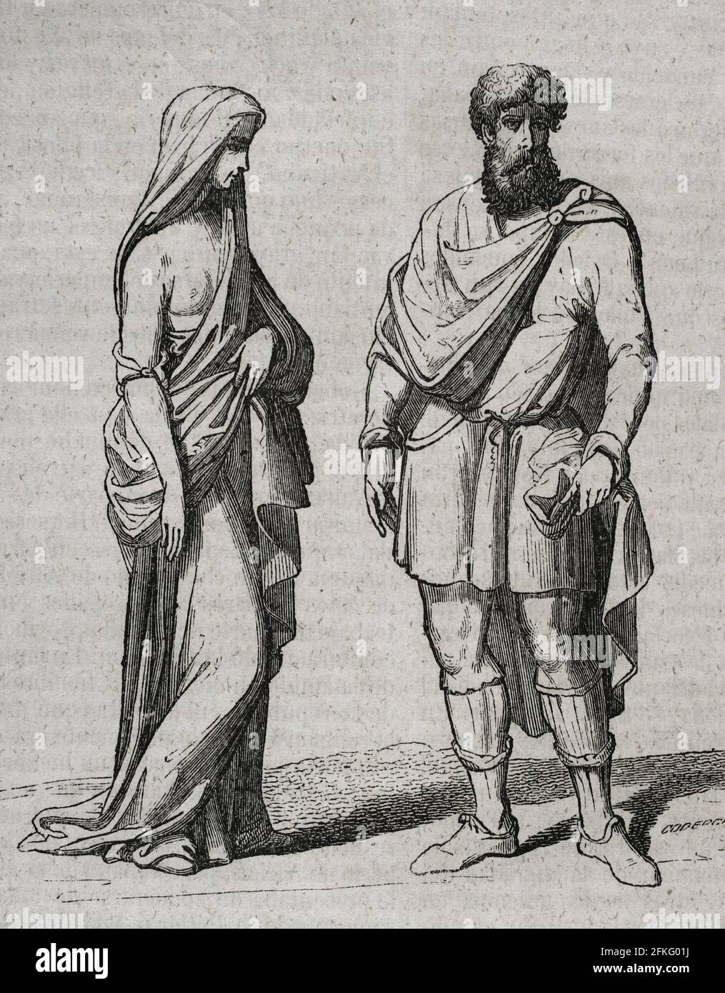 Costumes des plis des Goths. Gravure par Coderch. Historia général de España par le Père Mariana. Madrid, 1852. Banque D'Images