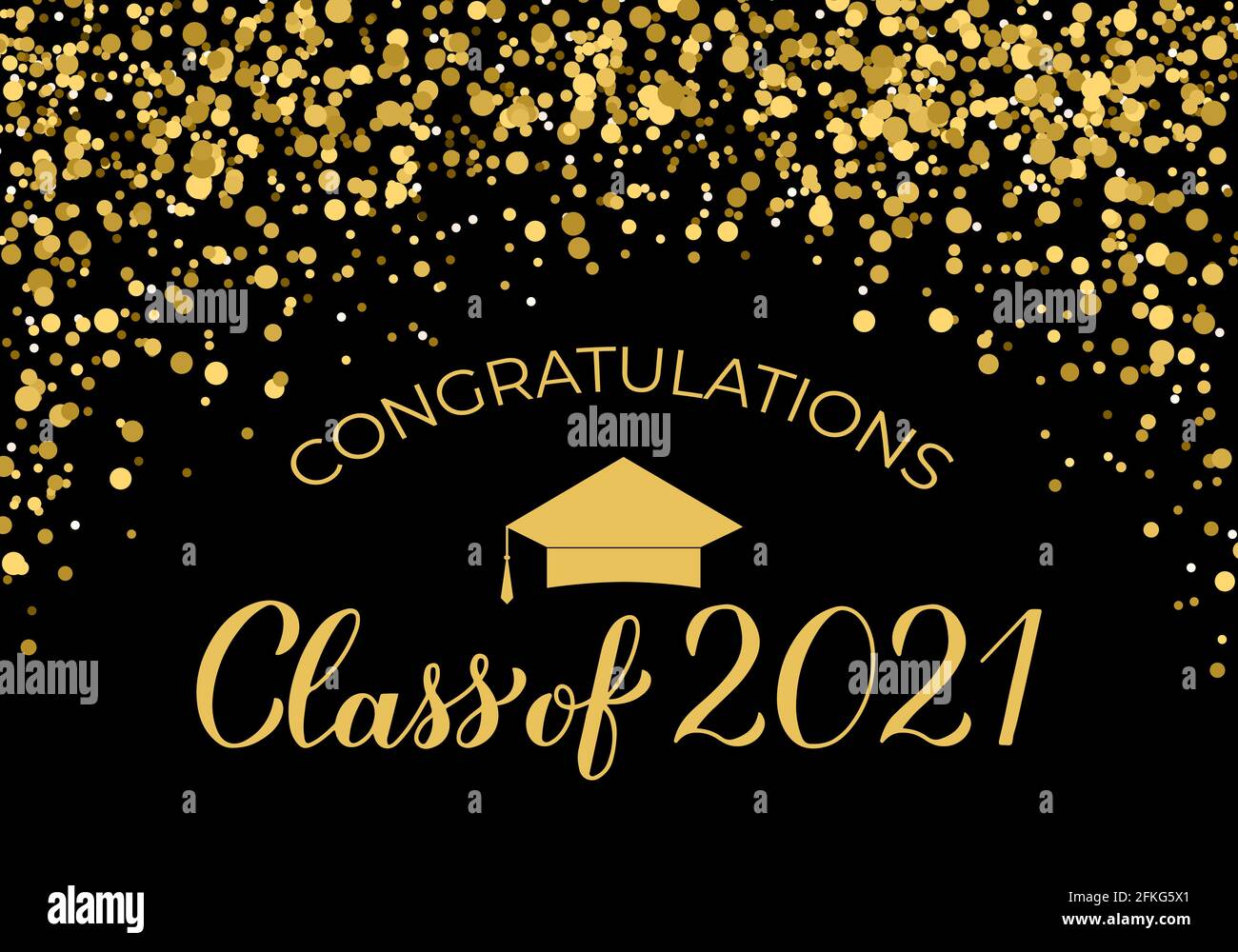 Classe de bannière 2021. Décorations de fête de remise des diplômes ou de bal confetti dorés. Félicitations aux diplômés en typographie. Illustration vectorielle. Illustration de Vecteur