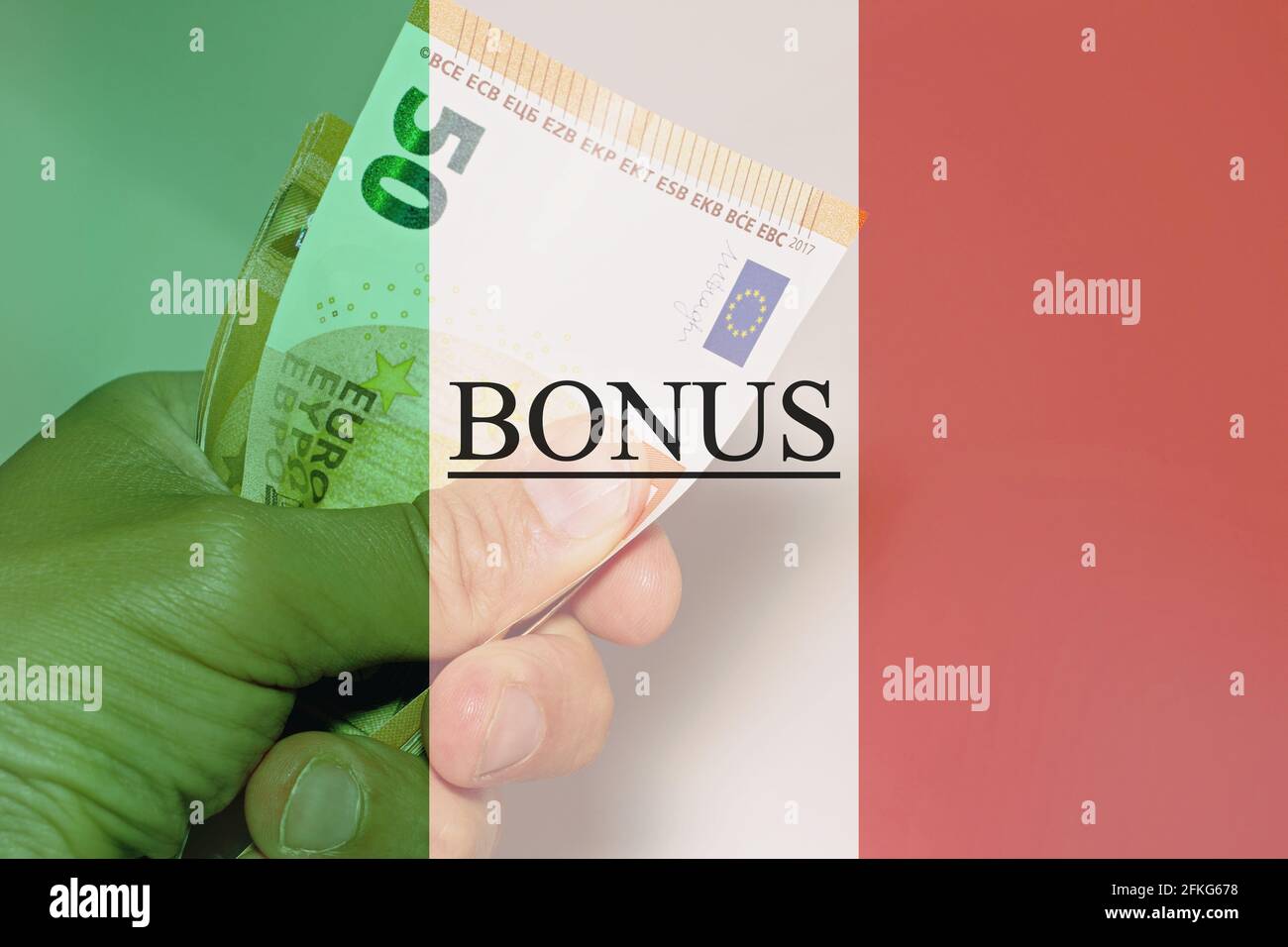 Drapeau italien avec des billets en euros comme arrière-plan avec le texte 'bonus' Banque D'Images
