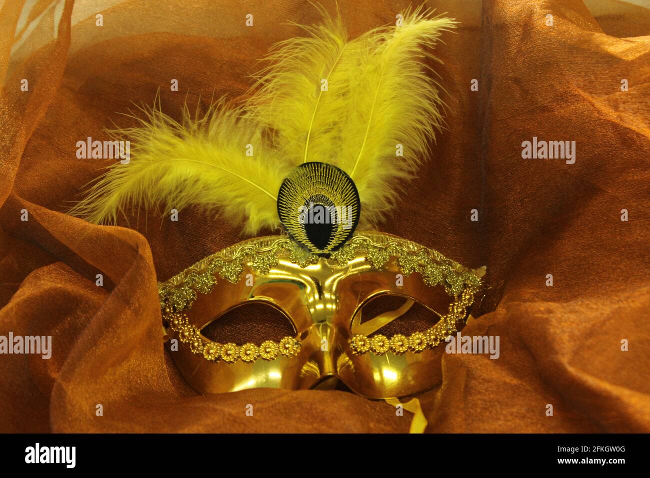 Masque doré avec plumes jaunes sur l'écran Banque D'Images