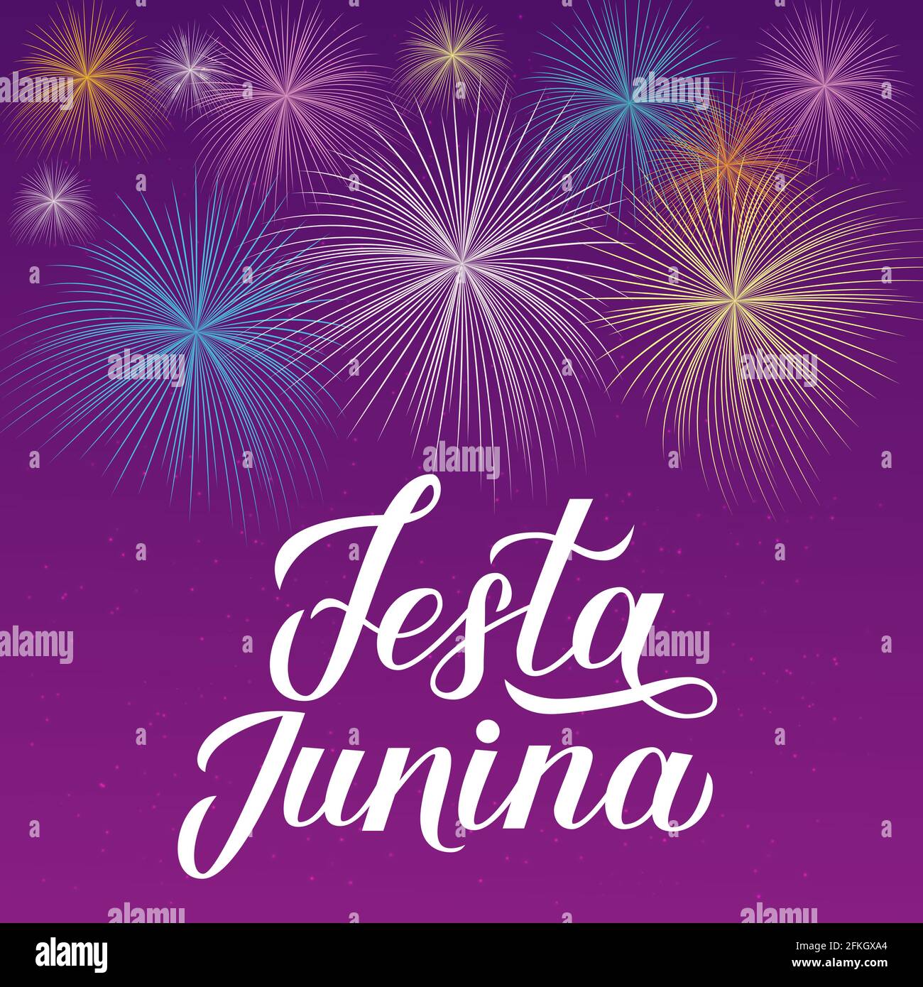 Festa Junina calligraphie lettrage à la main. Feux d'artifice sur fond violet. Brésil Festival de juin Festa de Sao Joao. Modèle facile à modifier pour bannière, typ Illustration de Vecteur