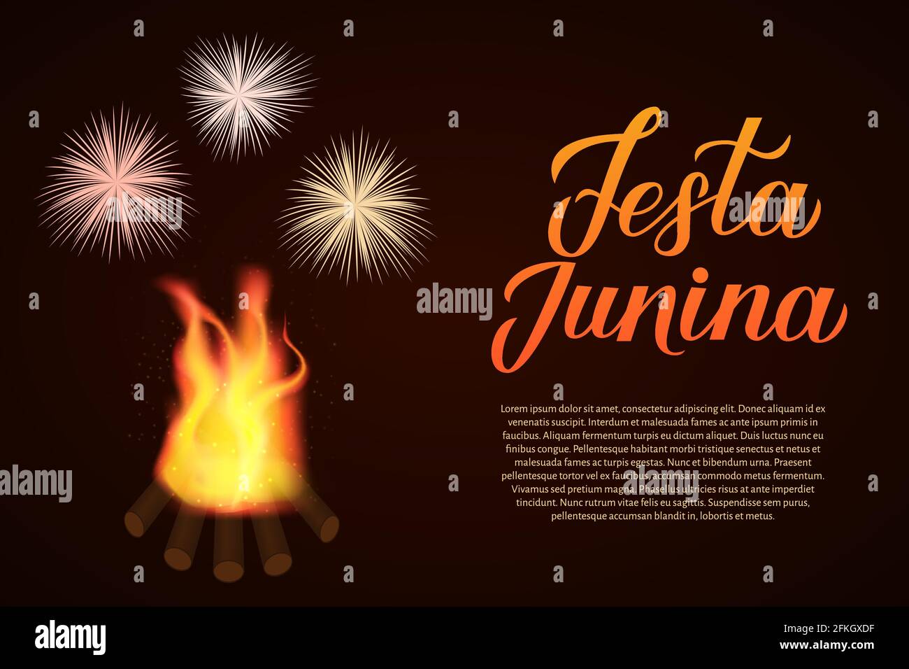 Festa Junina calligraphie lettrage à la main avec feux d'artifice et feu de joie sur fond sombre. Brésil Festival de juin Festa de Sao Joao. Modèle facile à modifier f Illustration de Vecteur
