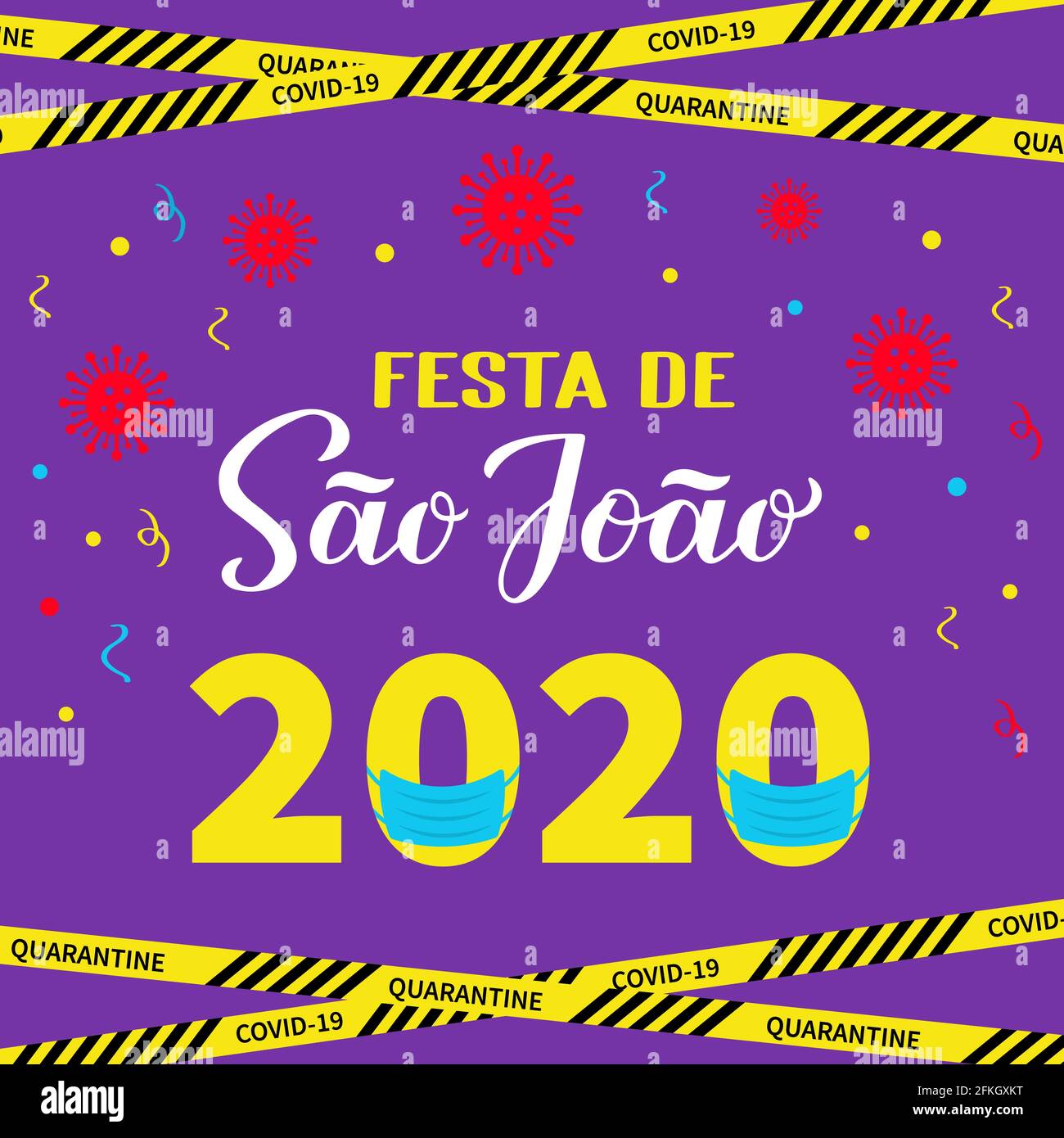 Festa de Sao Joao 2020 lettrage avec masque de protection. Festival brésilien de juin Festa de Sao Joao pendant la quarantaine du coronavirus COVID-19. Facile à modifier Illustration de Vecteur
