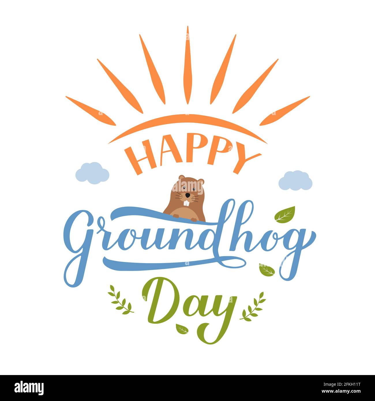 Carte Postale Happy Groundhog Day Avec Inscription A La Main Calligraphie Et Drole De Dessin Anime Marmotte Modele Vectoriel Facile A Modifier Pour Les Cartes De Vœux Et La Typographie Image Vectorielle