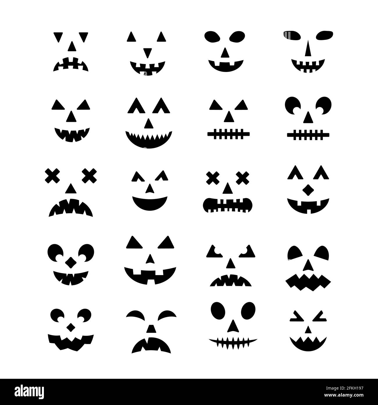 Ensemble d'icônes visages de citrouille d'Halloween. Des éléments vectoriels Jack-o -Lantern effrayants isolés sur du blanc. Décorations de fête d'Halloween. Illustration de Vecteur