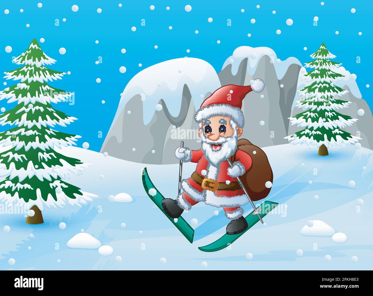 Illustration vectorielle du ski du Père noël sur la colline enneigée avec sac de cadeaux Illustration de Vecteur