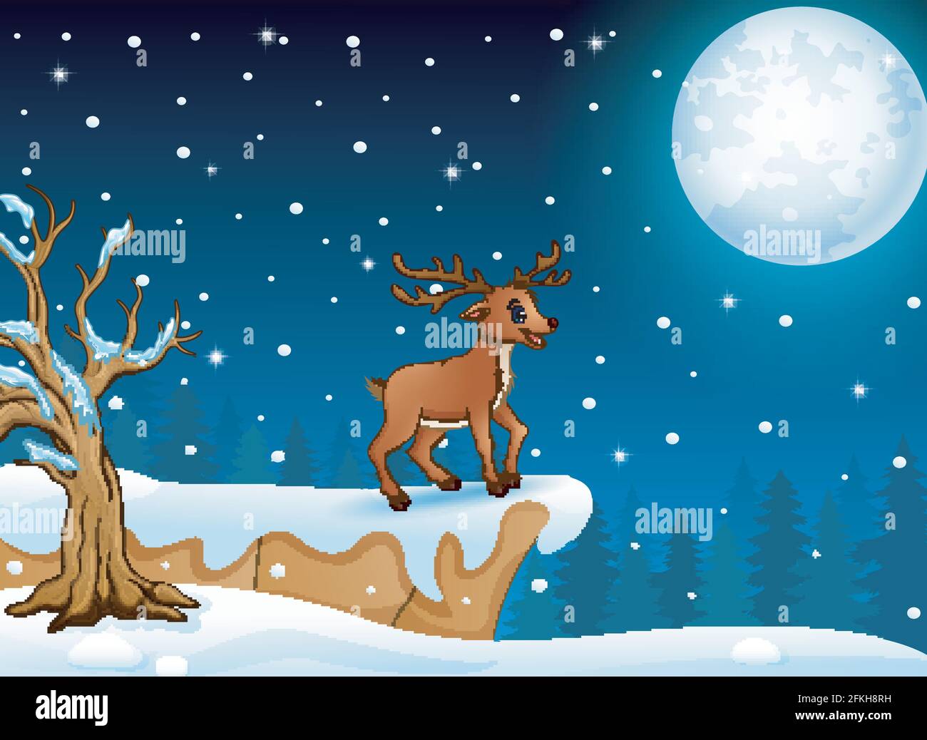 Illustration vectorielle de la bande dessinée Deer debout dans la colline à nuit de noël Illustration de Vecteur