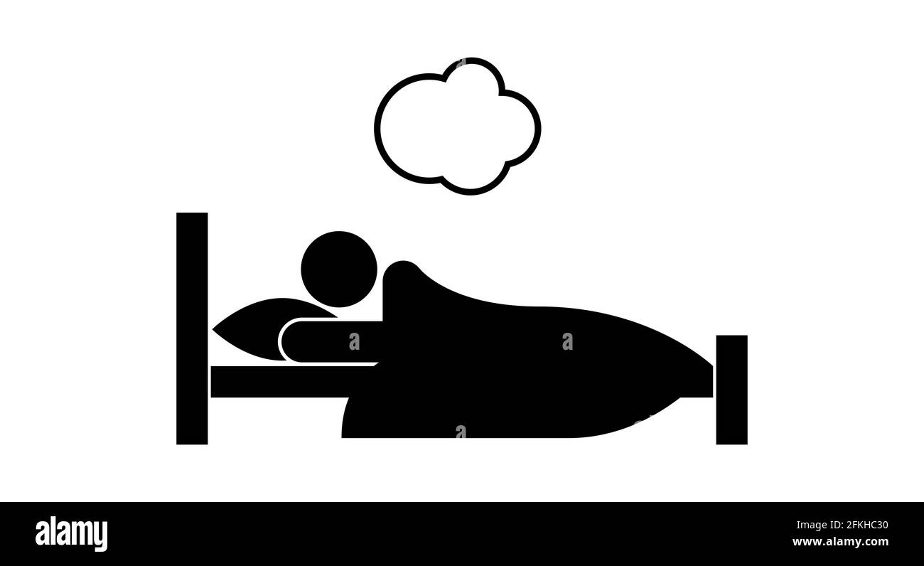 Sommeil. Homme dormant dans le lit icône simple. L'homme dort et rêve. Rêve, symbole de rêve. Icône de l'hôtel ou du motel. Illustration plate isolée sur blanc. Banque D'Images