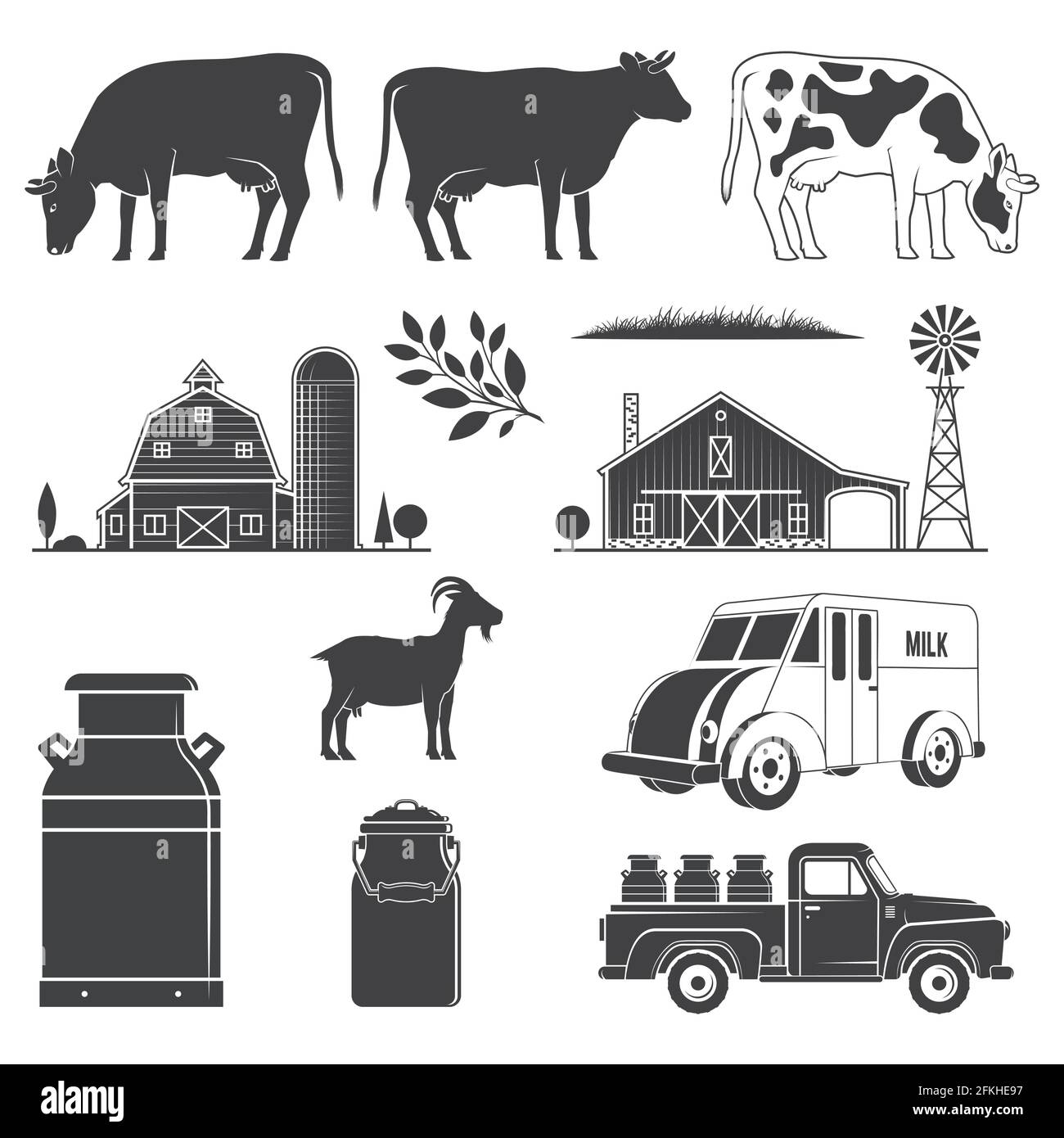 Placez l'icône de l'équipement de laiterie et de laiterie. L'ensemble d'illustrations vectorielles comprend la vache, la chèvre, la ferme, la laitette, l'échelle de silhouette de ramassage isolée sur le blanc Illustration de Vecteur