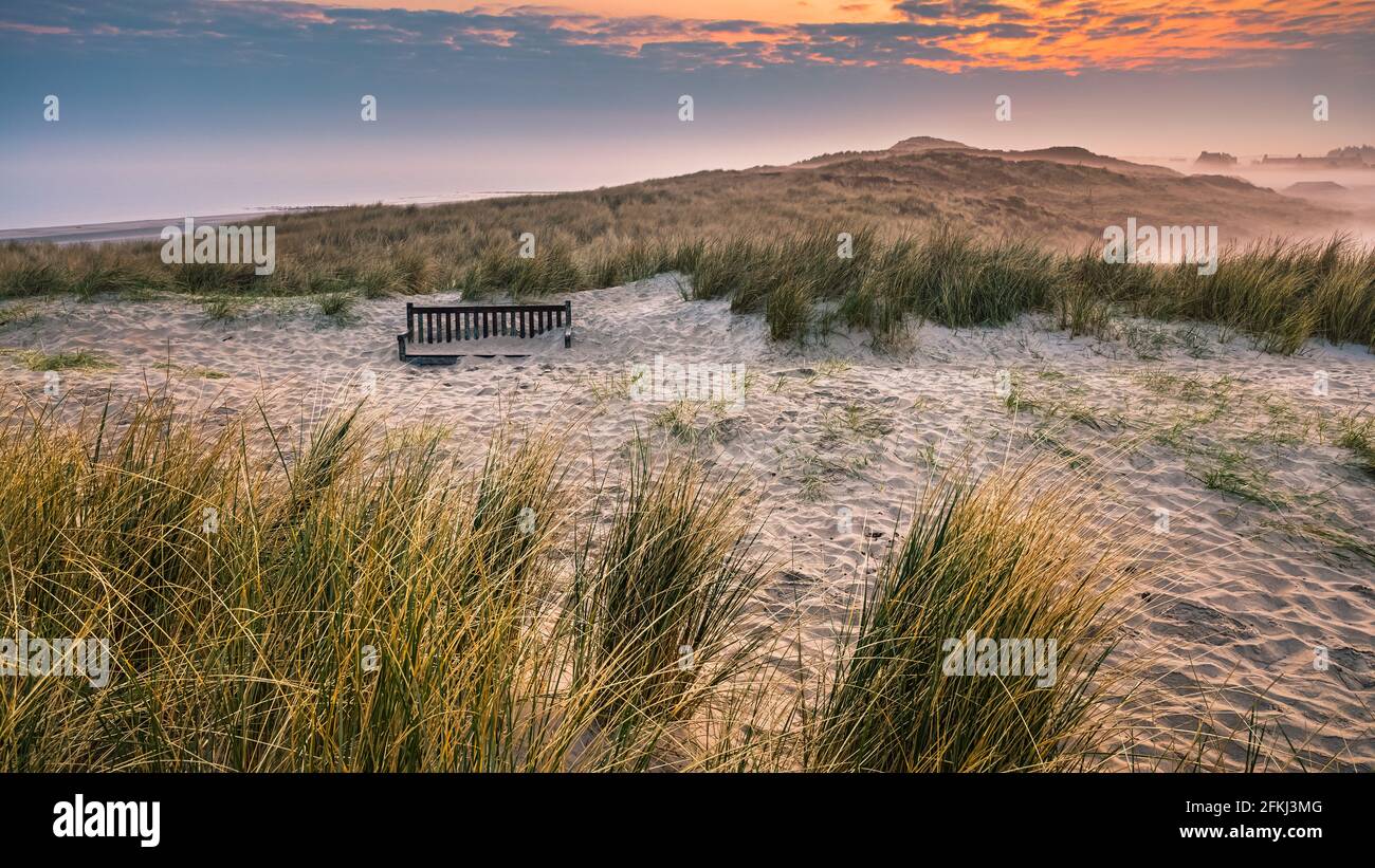Lever du soleil dans les dunes, avec un banc de bois couvert de sable, sur l'île hollandaise des Wadden Vlieland, dans la partie nord des pays-Bas. Banque D'Images