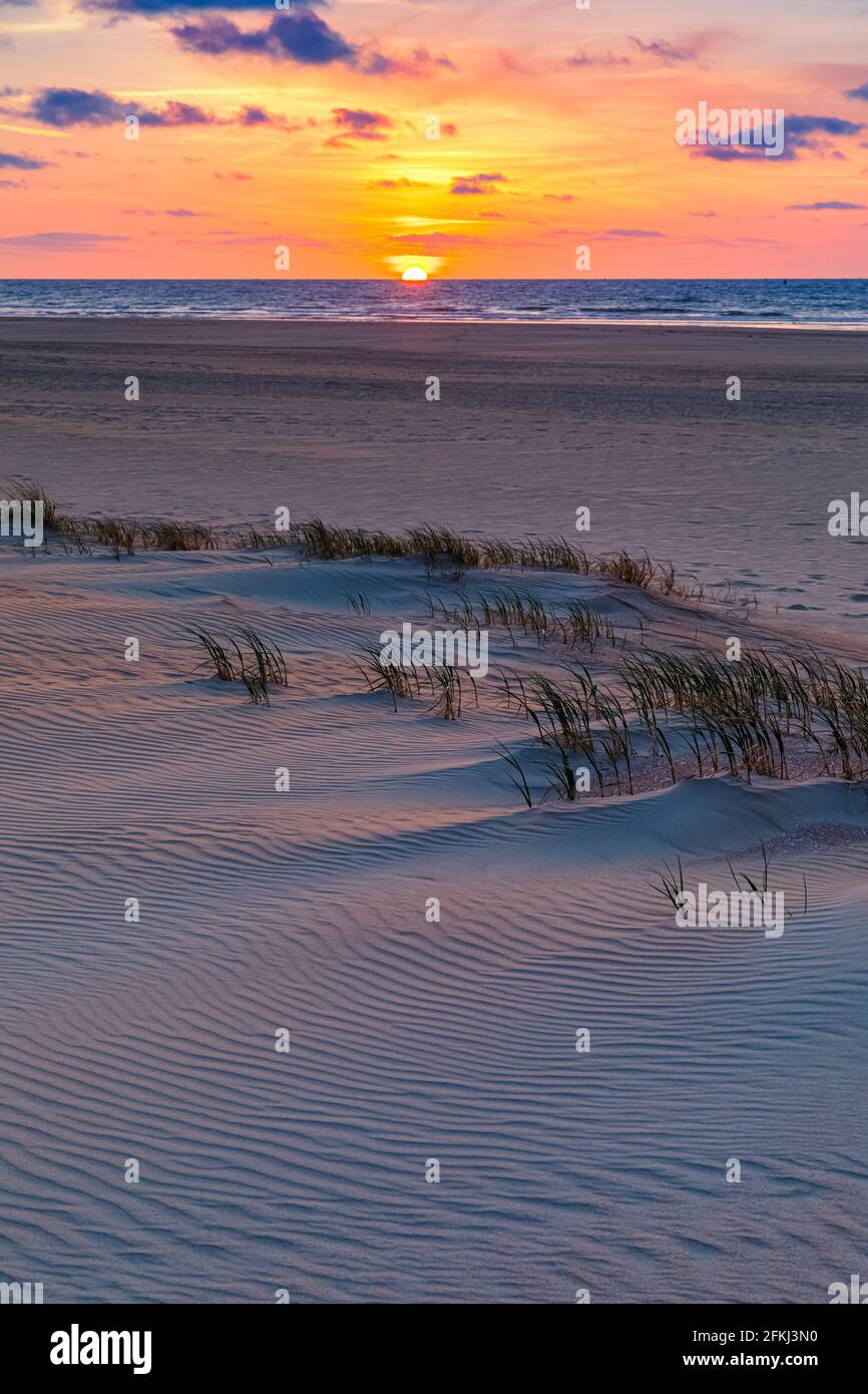 Coucher de soleil sur l'île hollandaise des Wadden Vlieland, dans la partie nord des pays-Bas. Banque D'Images