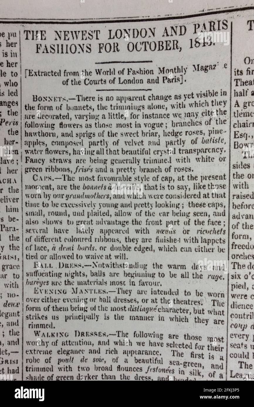 Article sur Londres et Paris mode nside The News of the World Newspaper (réplique de la première publication) le dimanche 1er octobre 1843. Banque D'Images