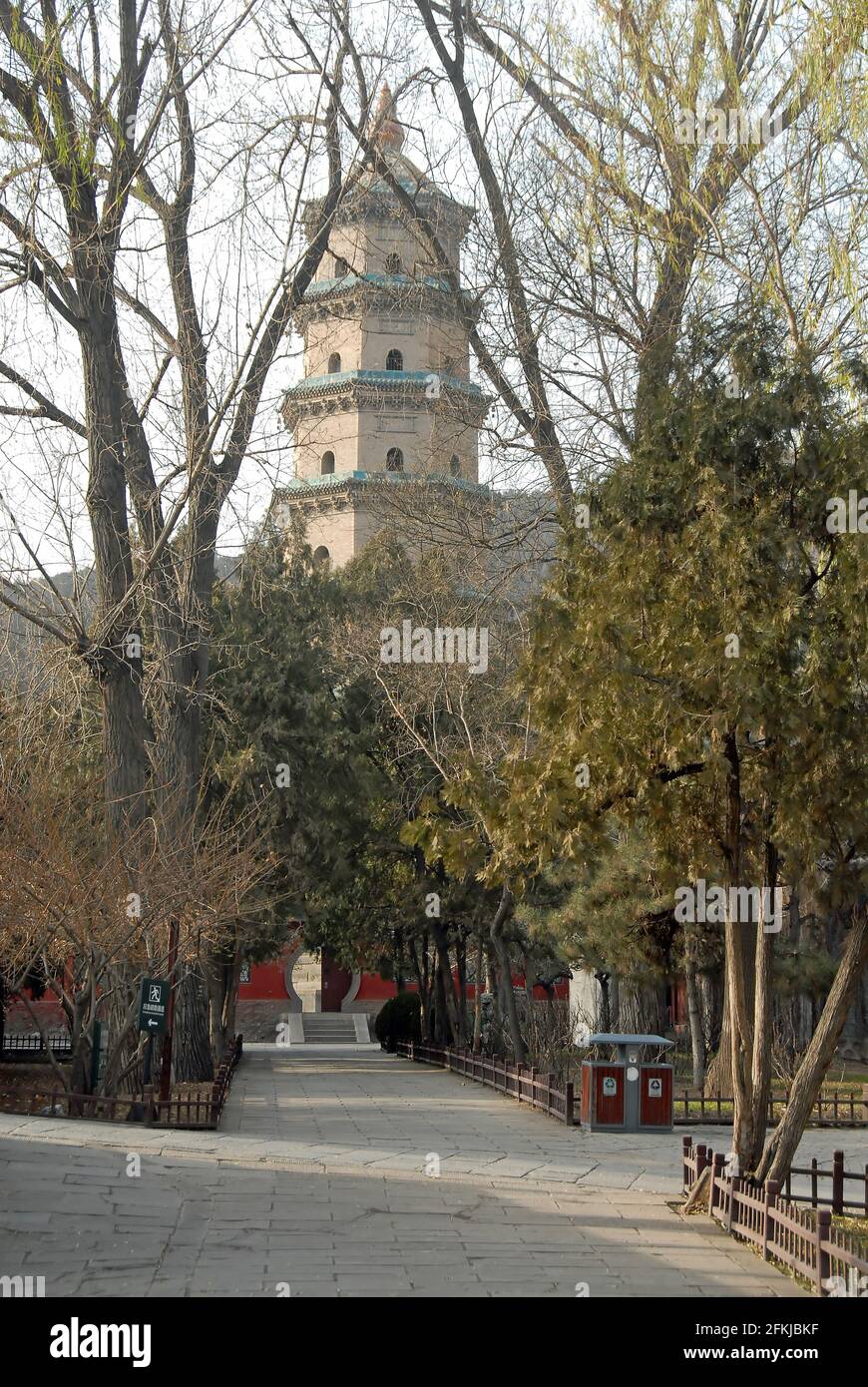 Temple Jinci près de Taiyuan, Shanxi, Chine. Vue sur la pagode du temple de Jinci depuis le jardin du temple avec des arbres et des chemins au premier plan. Banque D'Images