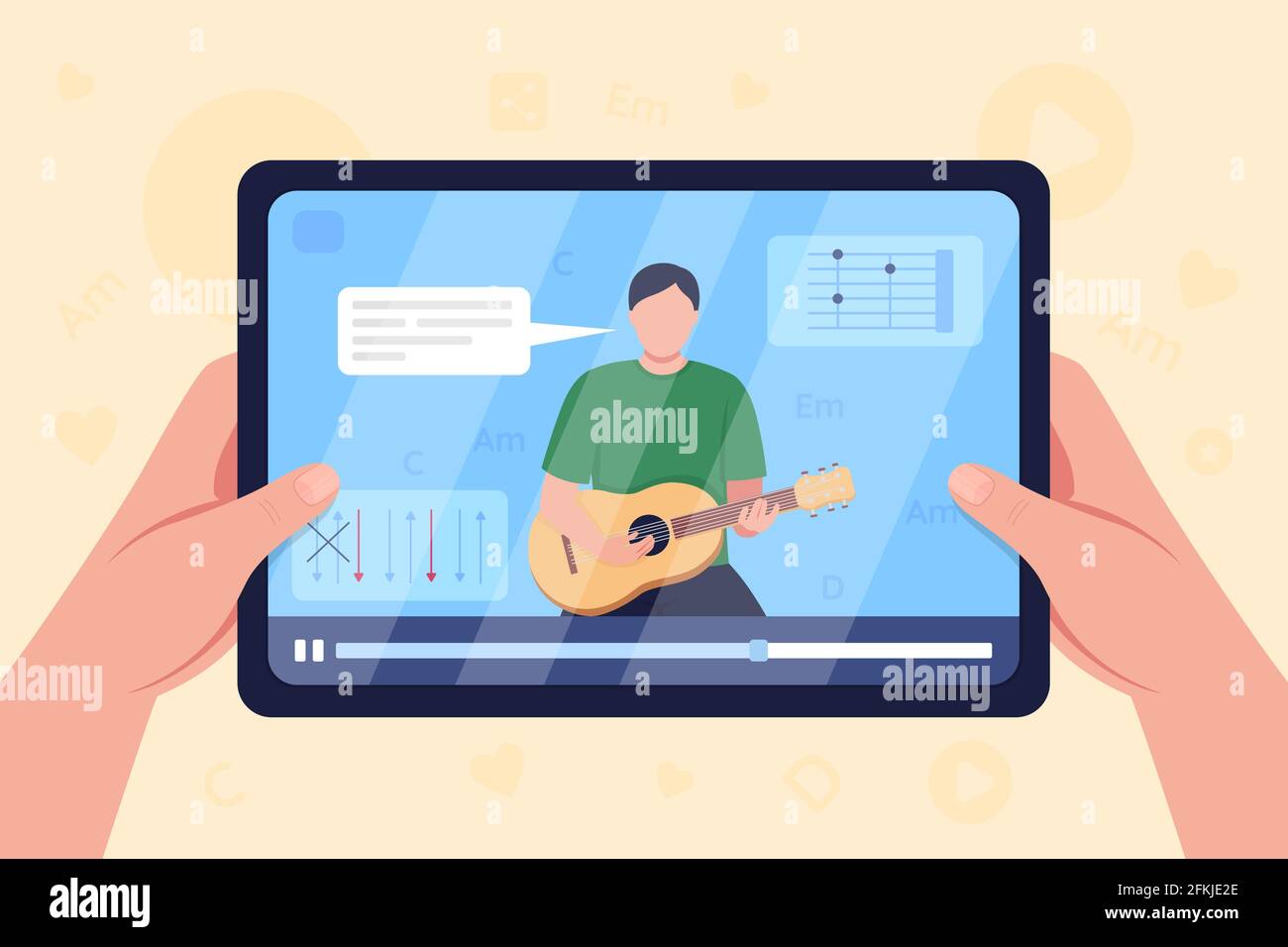 Mains tenir la tablette avec vidéo sur guitare tutoriel couleur plate illustration vectorielle Illustration de Vecteur